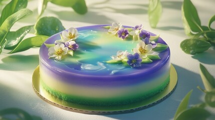 A beautifully decorated cake with layers of vibrant colors and edible flowers.