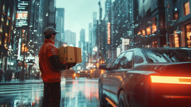 A delivery courier holding a package, standing by a delivery vehicle, prepared to make a delivery. The courier wears a uniform, embodying professionalism and reliability as they handle packages 