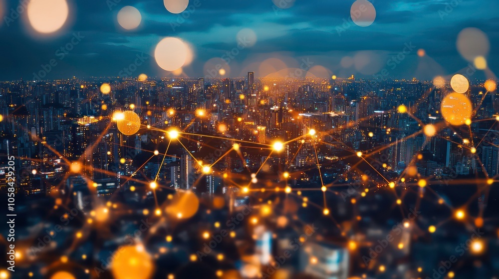 Fototapete global network and data customer connections with city background, innovative science and communicat
