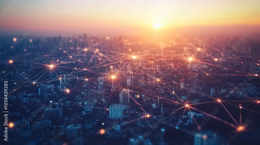 Aufkleber A cityscape at sunset with a network of connections symbolizing technology and communication.