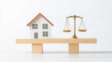 Model house and a balance scale on a wooden seesaw symbolize property investment, mortgage, real estate market, and financial balance concept.