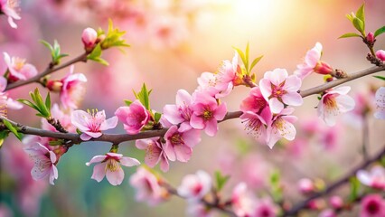 Obraz premium Delicate peach blossoms in full bloom on a serene tree branch, nature scene, delicate petals, gentle hues, soft focus, blooming trees