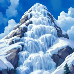 Obraz premium A frozen waterfall cascades down a rocky mountainside, with snow-covered slopes and a blue sky above.