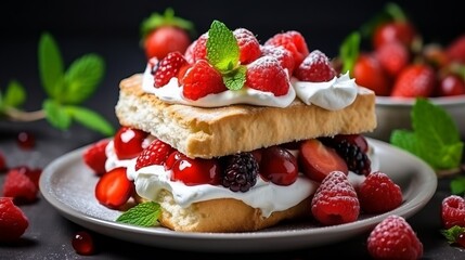 Delicious layered dessert with fresh berries and mint served on a dark background