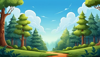 Forest sky and natural environment or forest center road,  cartoon background image.