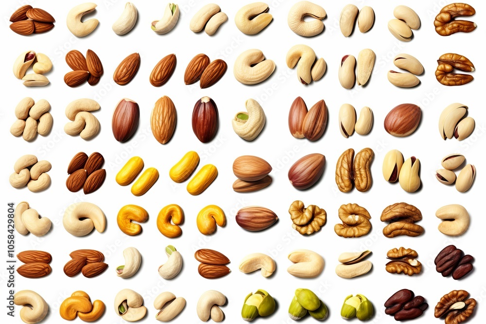 Poster diverse assortment of various nuts arranged in an organized pattern on a white background