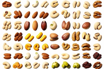 Diverse assortment of various nuts arranged in an organized pattern on a white background