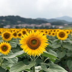 Fototapeta premium A single sunflower in a field, with a blurry background of other sunflowers and distant hills.