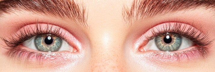 Cropped close-up of plants with light lavender flowers and soft pinkish irises on a muted green background with copy space.