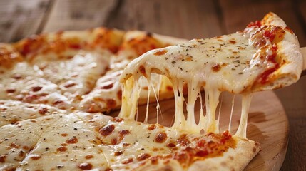 Close-up of eating tasty cheese pizza at a wooden table