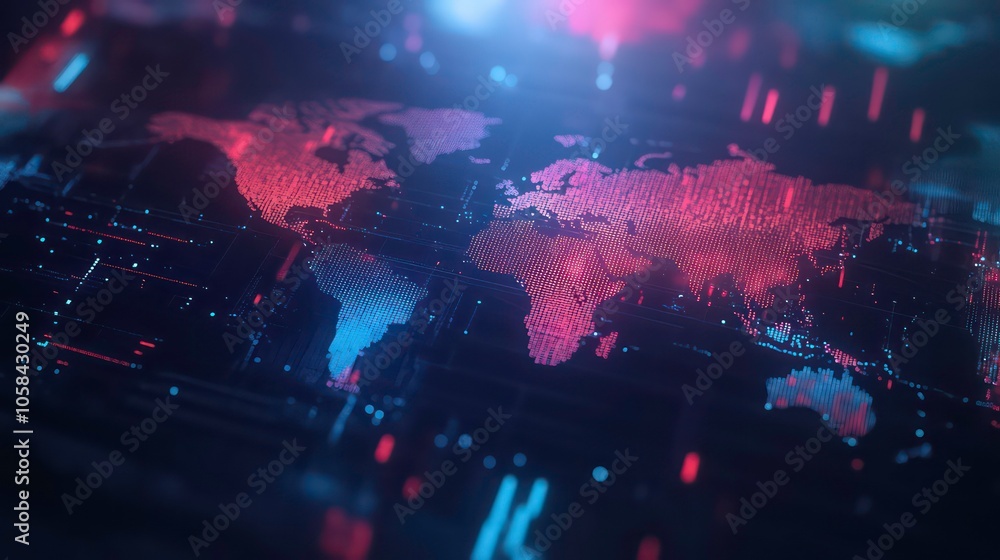 Poster A digital representation of a world map with glowing elements and circuit-like patterns.