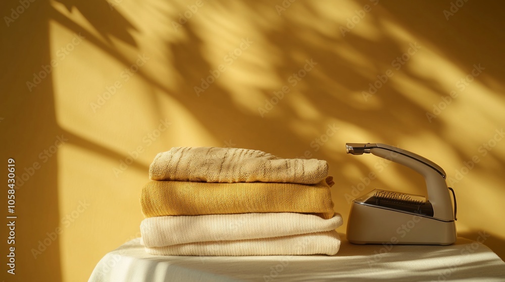 Poster a stack of neatly folded clothes sits on a white table in front of a vintage iron. the room is bathe