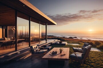 Fototapeta premium Modern coastal home with sunset view and outdoor seating in a serene beach location