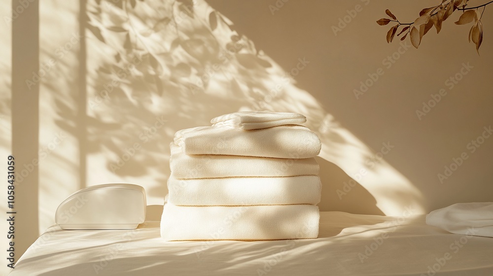 Fototapete a stack of white towels on a table with a branch and sunlight coming through the window.