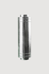 A round galvanized steel duct silencer, designed for noise reduction in HVAC systems, featuring a mesh interior.