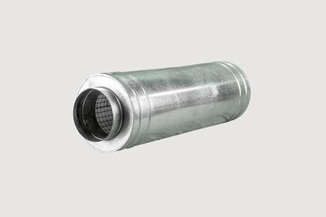 A round galvanized steel duct silencer, designed for noise reduction in HVAC systems, featuring a mesh interior.