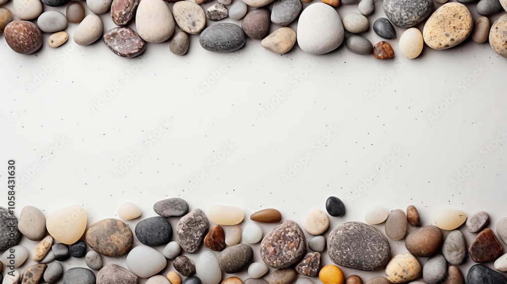Poster decorative arrangement of smooth pebbles creating an artistic border on a light background