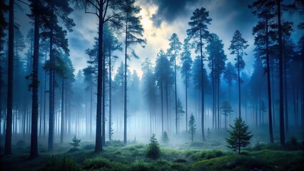 Fototapeta premium Dark forest landscape with tall trees and misty atmosphere at dusk, foggy, seclusion, wilderness, mysterious, eerie