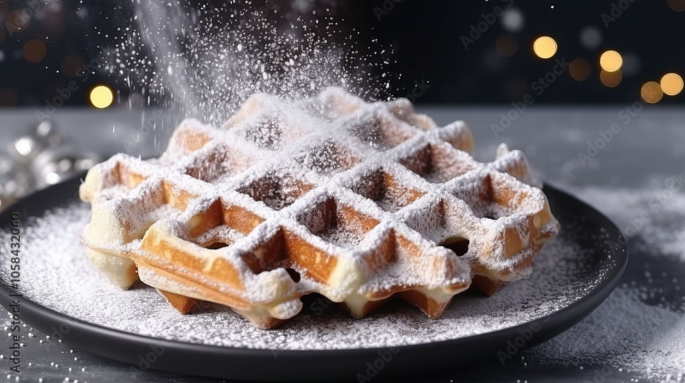 Poster fluffy waffle dusted with powdered sugar on a plate with sparkling lights in the background