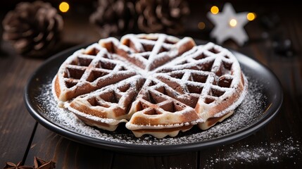 Delicious chocolate waffles on a black plate with powdered sugar set on a wooden table