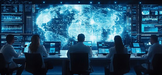 A team of IT professionals working at a control room with a global network map behind them.