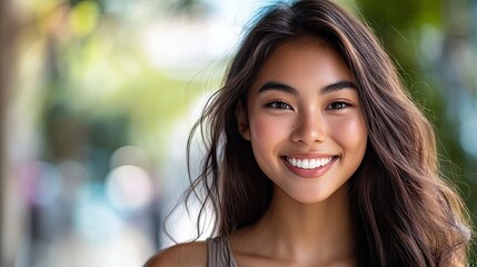 Fototapeta premium Portrait of a beautiful young woman with an Asian descent, smiling radiantly while looking directly at the camera, perfect for capturing her joyful expression. Photo style with ample copy space.