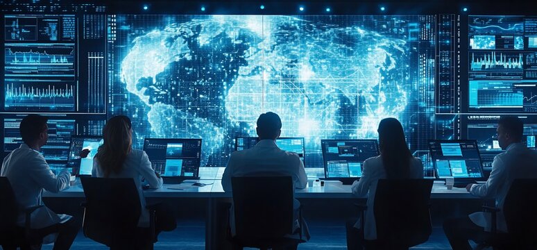 A team of IT professionals working at a control room with a global network map behind them.