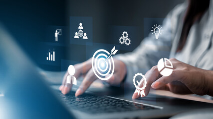 White dartboard and White arrow connection linkage with human icon for customer focus target group...