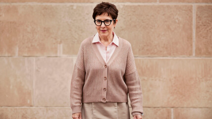 Elderly woman with a confident expression standing against a textured stone wall