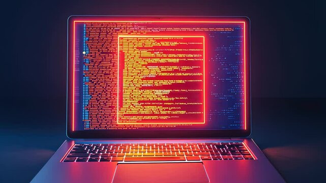 Futuristic laptop displaying glowing code in vibrant neon colors against a dark background