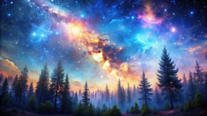Fototapeta premium Cosmic forest of towering stars and glowing gas clouds in a distant galaxy, stellar forest wallpaper, glowing gas clouds
