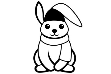 Vector Outline of A cute Bunny wearing a Santa clause hat and scarf on white background .This is an editable vector file.