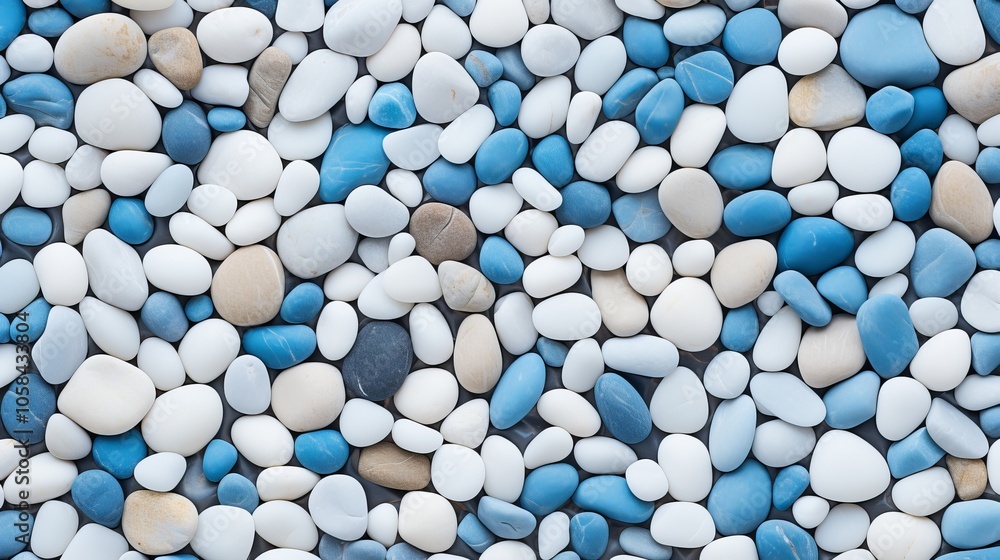 Poster a collection of smooth blue and white pebbles arranged on a surface in a patterned layout