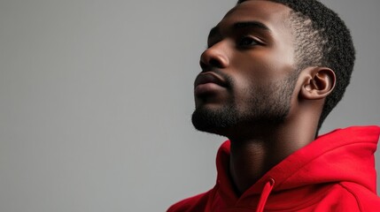 Obraz premium Close-up portrait of a handsome young black man in a red hoodie gazing into the distance, set against a gray background, with ample copy space for text or design elements.