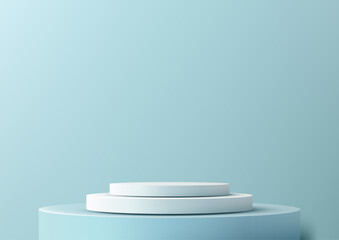 3D white podium with two levels on light blue background, perfect for showcasing products, mockups, or presentations