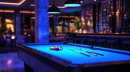 A blue pool table with a few balls on it
