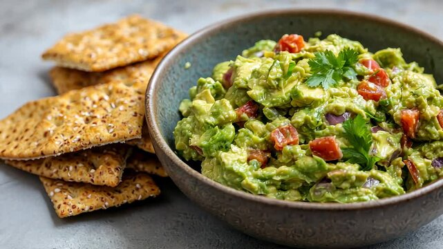 Delicious guacamole served in a bowl with crunchy crackers