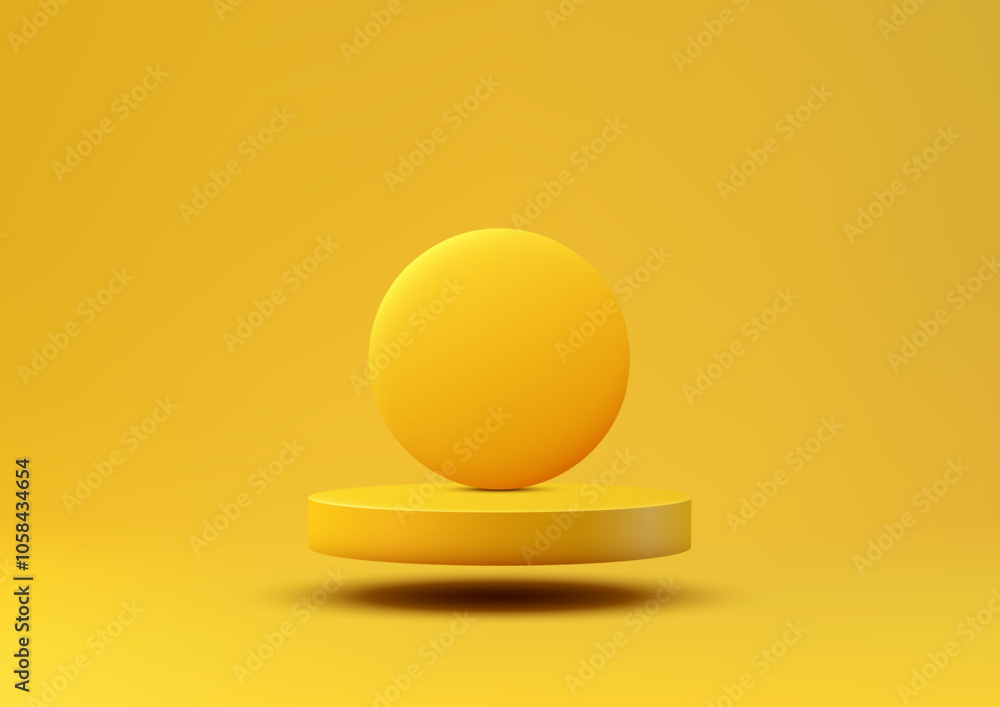 Poster yellow floating sphere on 3d cylinder platform in vibrant yellow space, modern minimalist product di