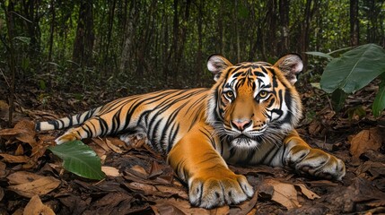 Obraz premium A majestic tiger lies on a bed of leaves in a dense forest, its piercing eyes fixed on the viewer.