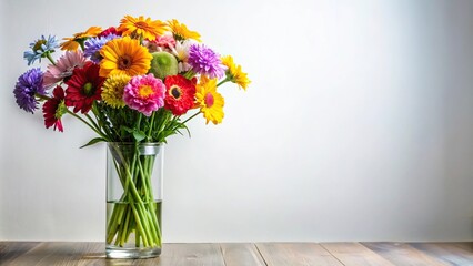 Fototapeta premium Colorful bouquet of long-stemmed flowers in a clear glass vase with a simple white background, flower arrangement, colorful blooms, birthday flowers