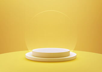 3D White Podium on Yellow Background with Transparent Circle, Modern Mockup for Product Display, Showcase, or Presentation