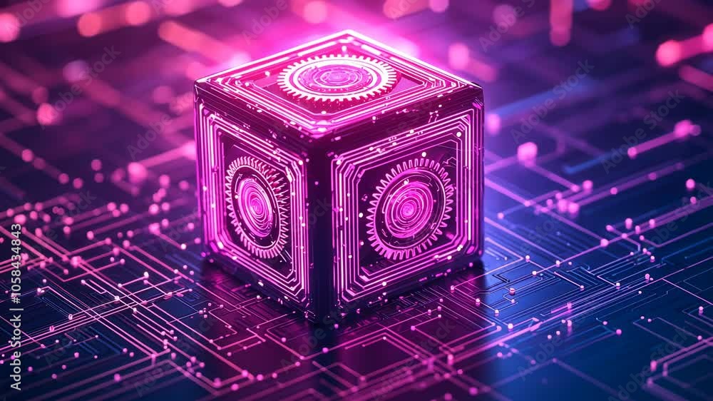 Poster a mesmerizing glowing cube surrounded by vibrant digital patterns, modern technology and abstract ar