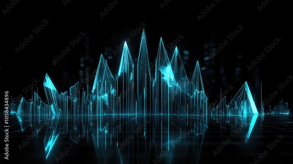 Poster glowing 3d landscape with sharp peaks and reflection