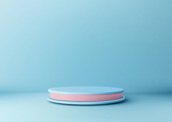 3D Cylindrical Pink and Blue Podium on Blue Background for Minimal Product Display and Showcase in a Modern Studio Setting