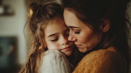 Heartwarming image of a mom hugging her teenage daughter tightly, capturing a tender family moment with emotional connection and ample copy space for text.