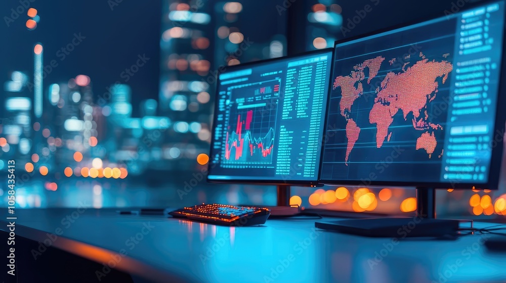Poster modern workspace with dual monitors displaying financial data at night.