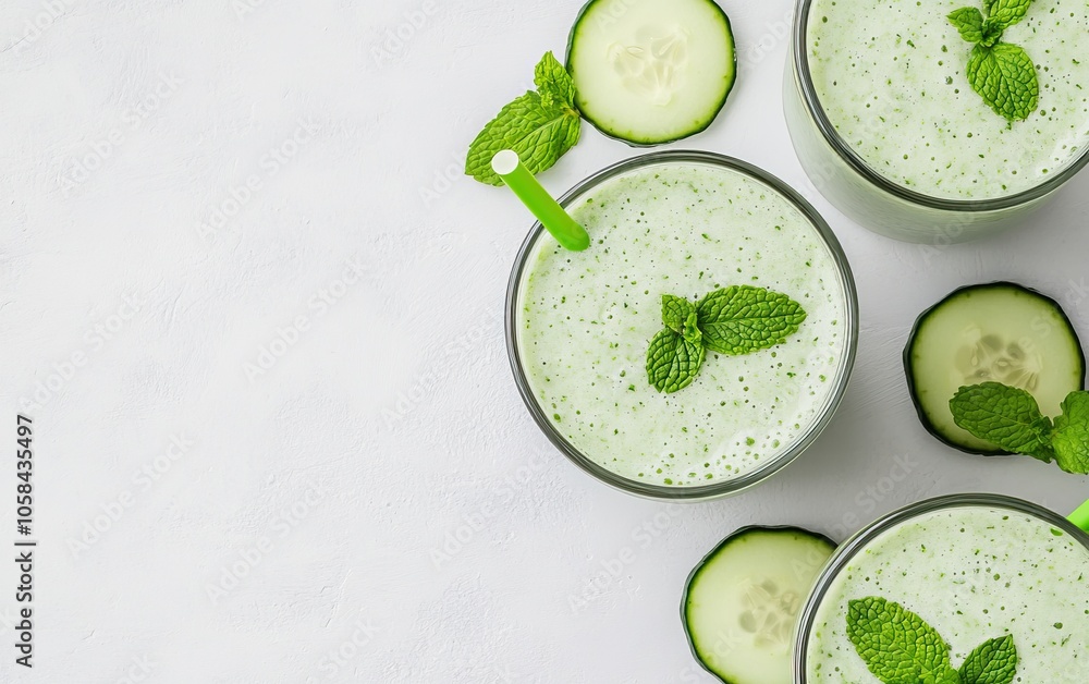 Poster refreshing green cucumber mint smoothies in glasses, garnished with mint leaves and cucumber slices,