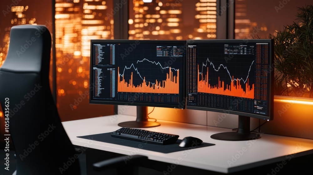 Aufkleber modern office setup with dual monitors displaying financial data at night.