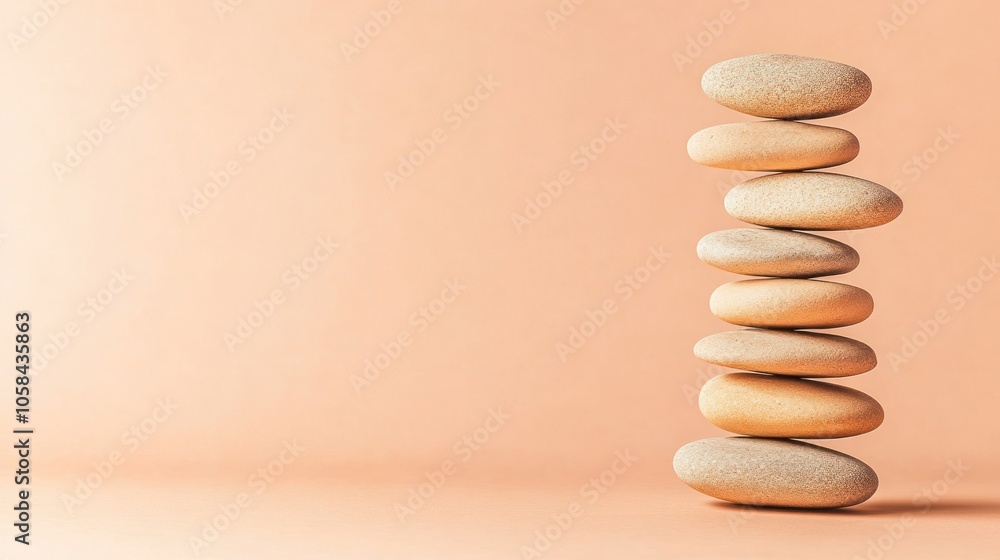 Poster stacked stones on a soft peach background symbolizing balance.