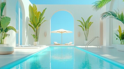 Fototapeta premium Relaxing at a Private Pool by the Beach in a Luxurious Hotel or Vacation Home, Perfect for a Calm and Rejuvenating Getaway